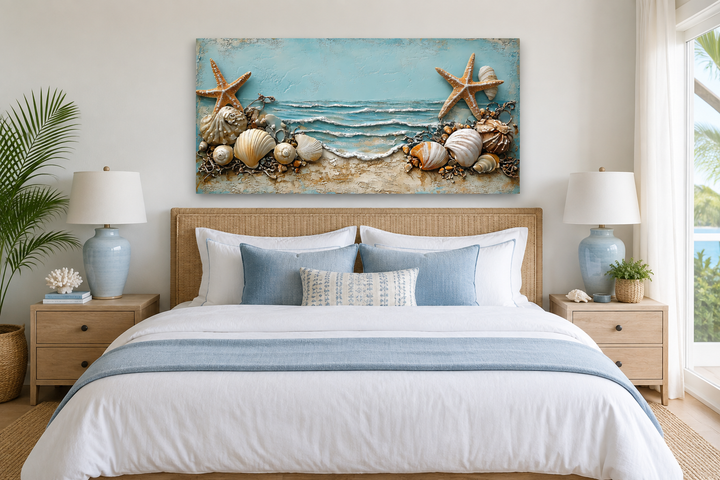 Framed canvas wall art featuring starfish and seashells in soft blue and sandy beige tones.