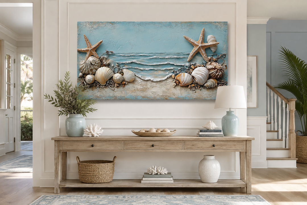 Framed canvas wall art featuring starfish and seashells in soft blue, beige, and white tones.