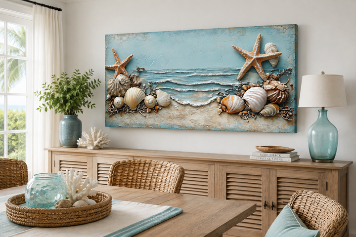Framed canvas wall art featuring starfish and seashells in soft blue and sandy beige tones.