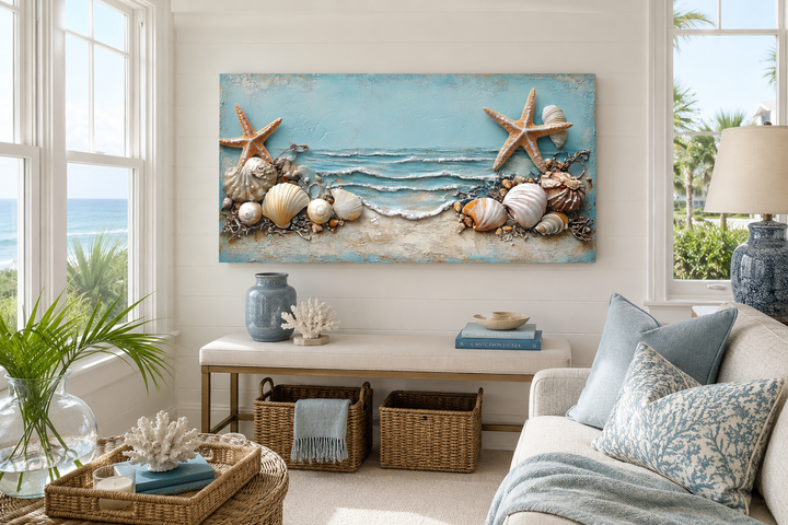 Framed canvas wall art featuring starfish and seashells in soft blue and sandy beige tones.