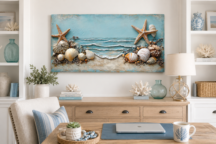 Framed canvas wall art featuring starfish and seashells in soft blue and sandy beige tones.