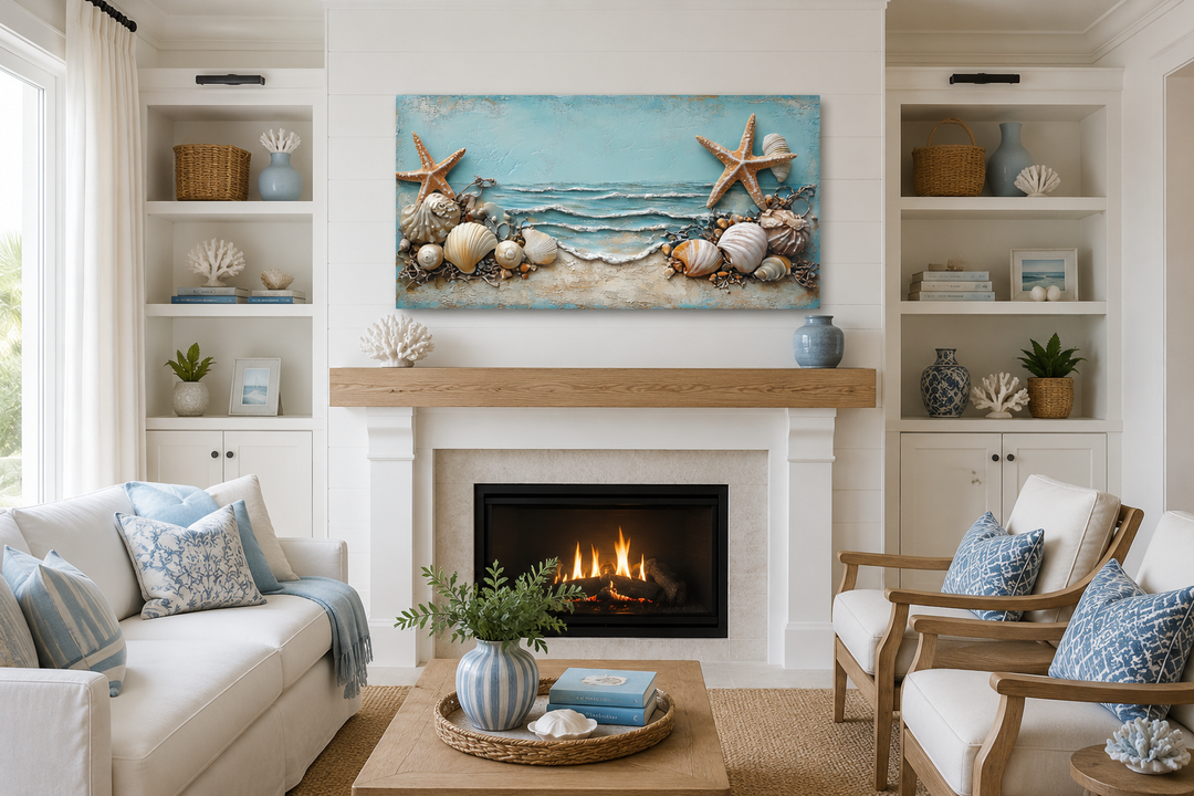 Framed canvas wall art featuring starfish and seashells in soft blue and sandy beige tones.