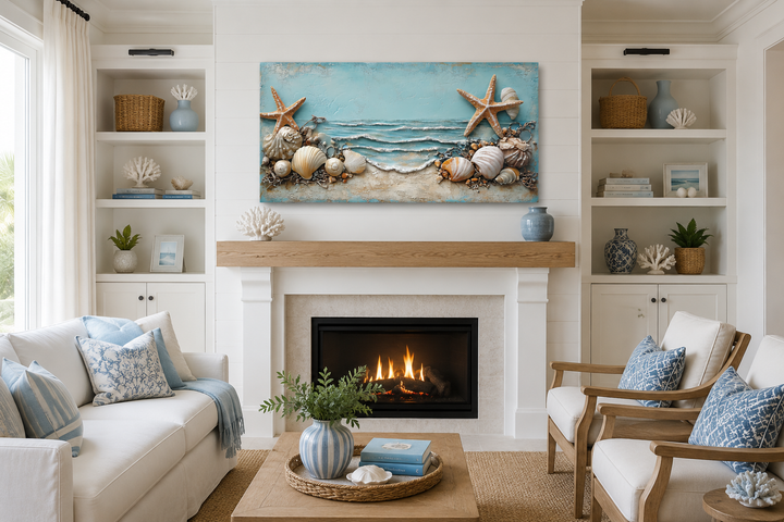 Framed canvas wall art featuring starfish and seashells in soft blue and sandy beige tones.