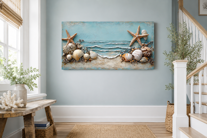 Framed canvas wall art featuring starfish and seashells in soft blue and sandy beige tones.