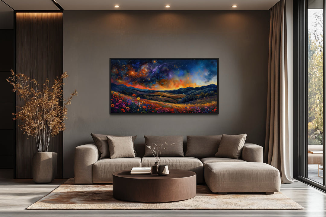 Starry Night Canvas Art - Framed Wildflower Meadow Print | Rustic Home Wall Decor