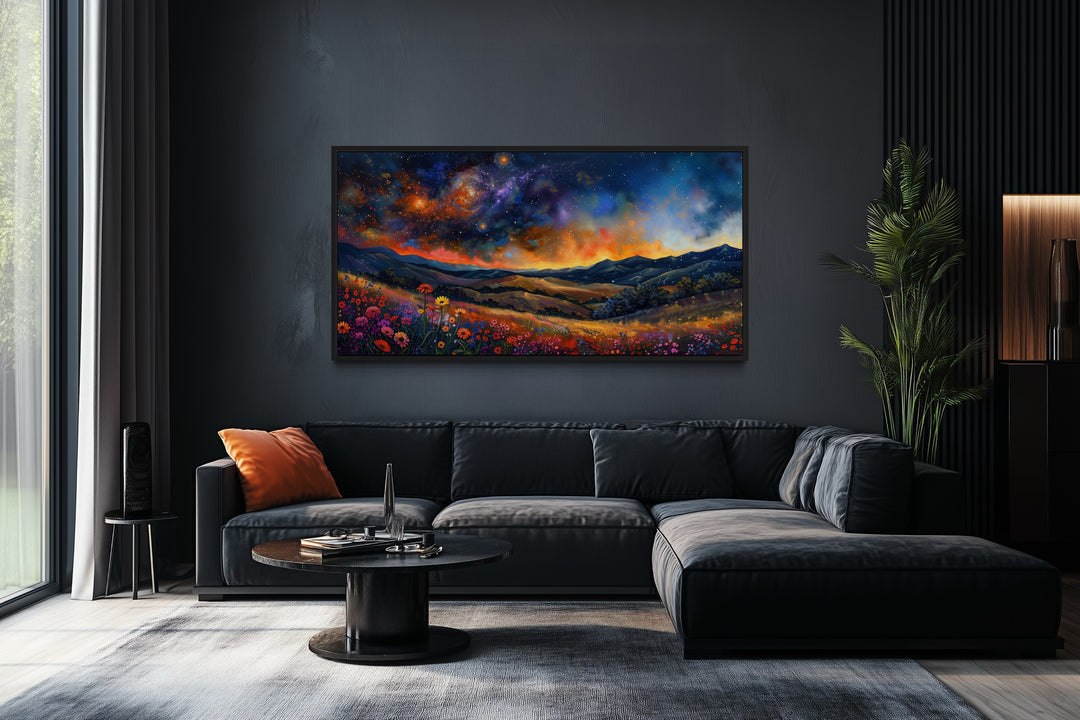 Starry Night Canvas Art - Framed Wildflower Meadow Print | Rustic Home Wall Decor