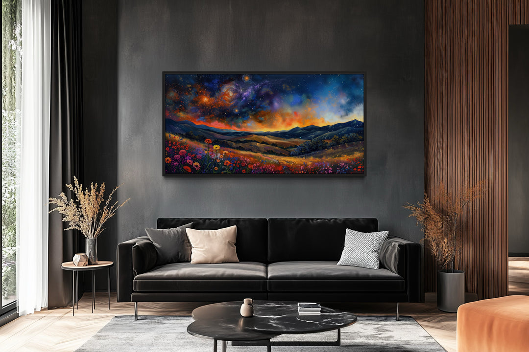 Starry Night Canvas Art - Framed Wildflower Meadow Print | Rustic Home Wall Decor