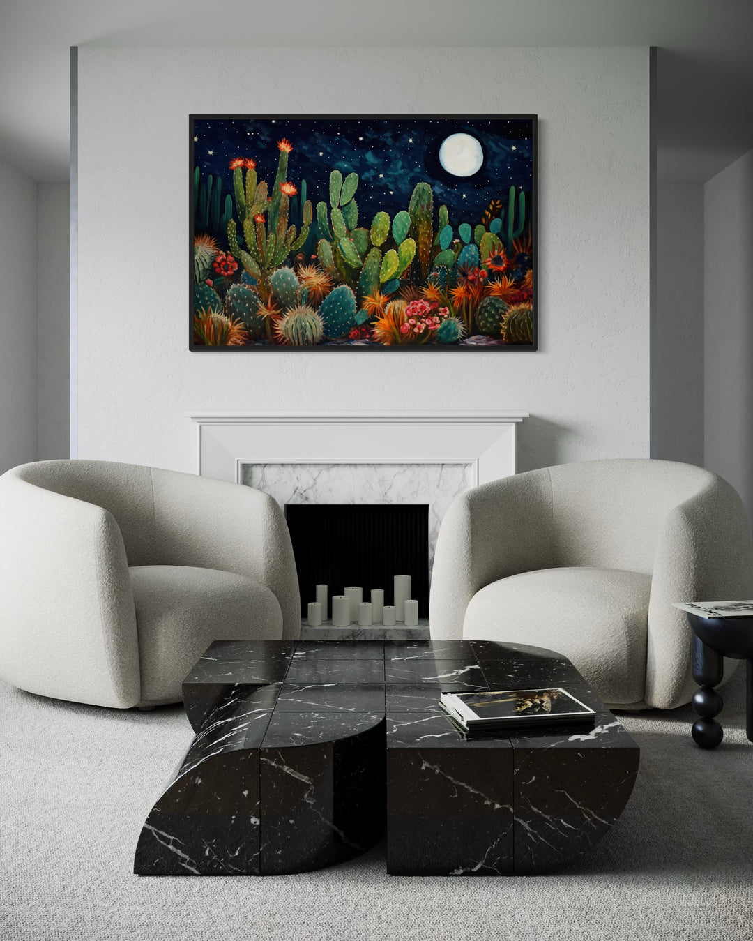 Starry night desert wall art with cacti and moon.