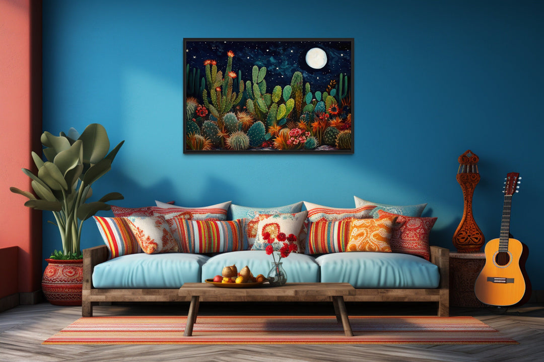 Starry night desert cactus painting with moon and stars.