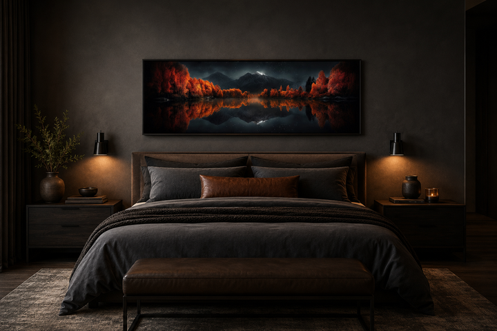 Panoramic wall art of a starry night sky over a reflective lake with autumn trees in a bedroom.
