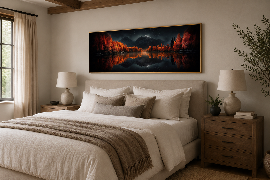 Starry night sky over mirror lake in autumn wall art hanging above a bed in a modern bedroom.