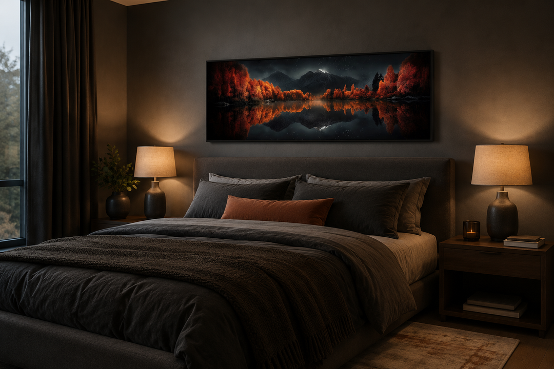 Panoramic wall art of a starry night sky over a reflective autumn lake above a bed in a bedroom.