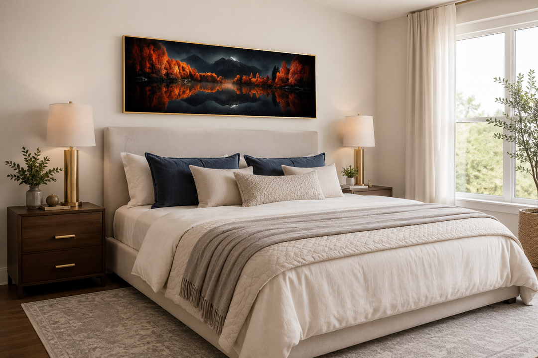 Starry night sky over mirror lake in autumn wall art above a bed in a modern bedroom.