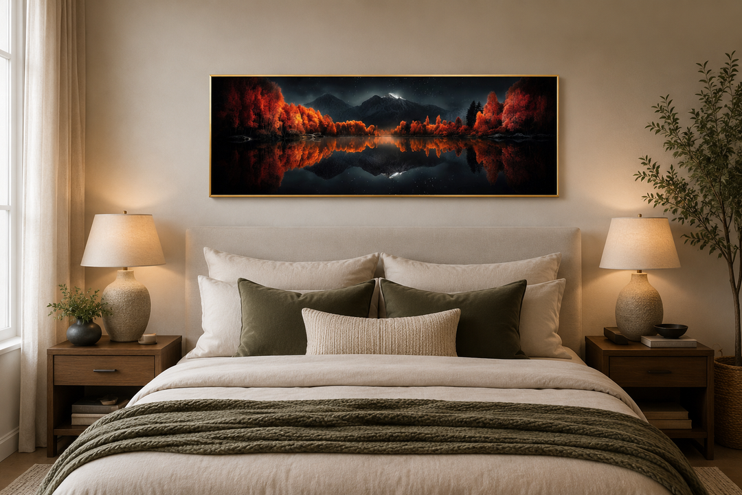 Panoramic wall art of a starry night sky over a reflective autumn lake above a bed.