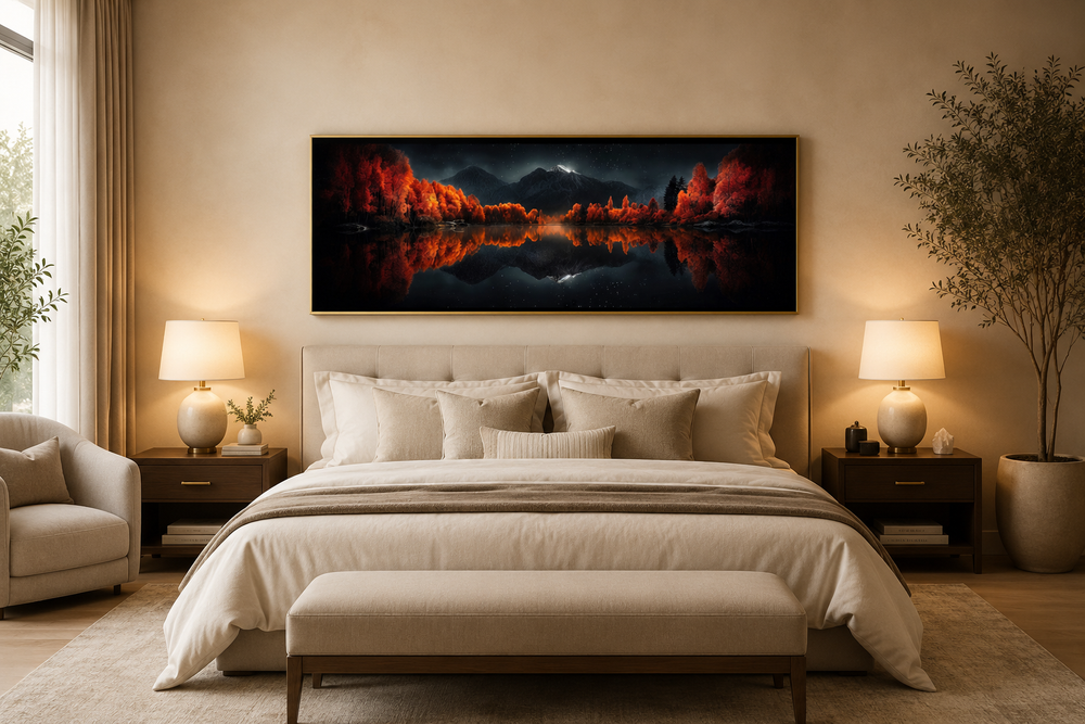 Starry night sky over mirror lake in autumn wall art hanging above a bed in a modern bedroom.