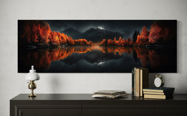 Panoramic wall art of a starry night sky and autumn trees reflected in a calm mirror lake.
