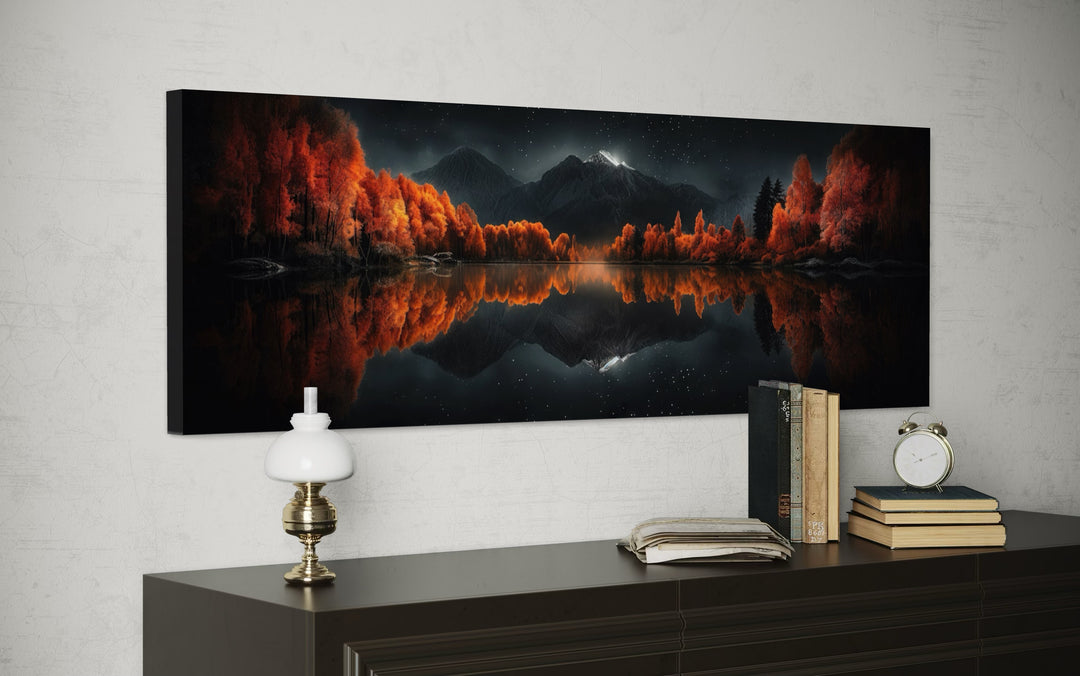 Panoramic canvas art of a starry night sky and autumn trees reflected in a calm mountain lake.