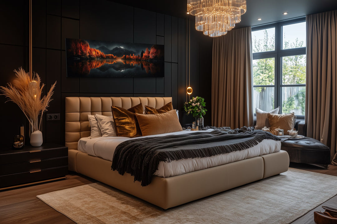 Starry night sky over mirror lake in autumn canvas wall art above a bed in a dark modern bedroom.