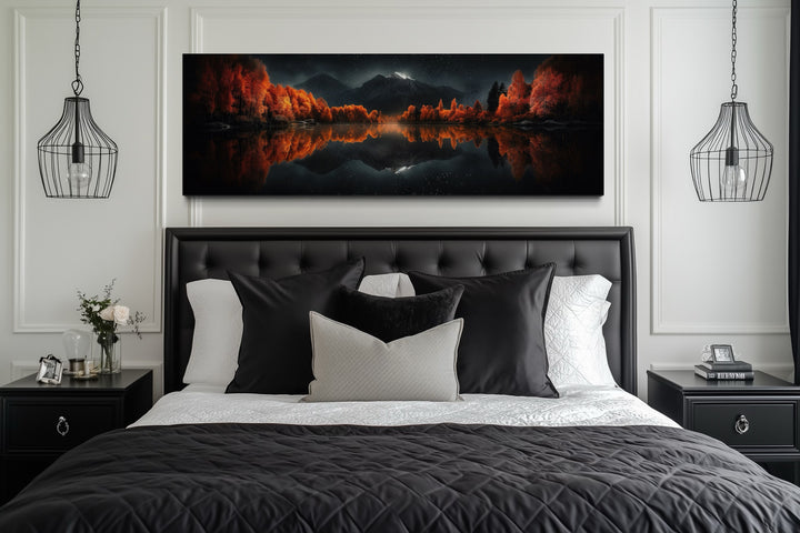 Starry Night Sky Over Mirror Lake In Autumn Mens Bedroom Wall Art