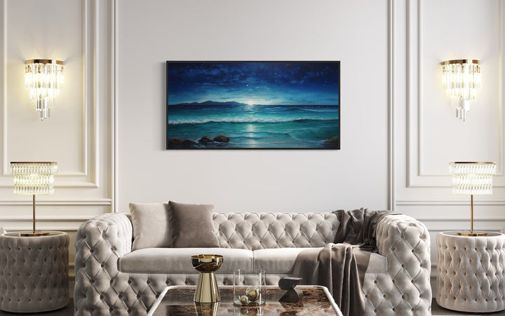 Starry Night Sky Over Ocean Beach Framed Canvas Wall Art