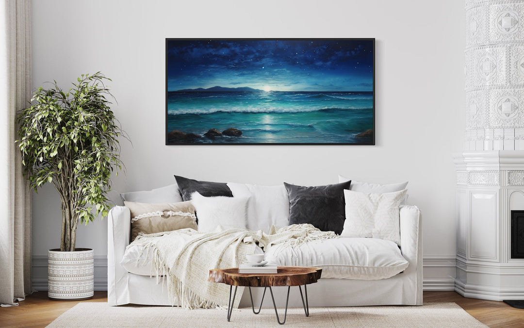 Starry Night Sky Over Ocean Beach Framed Canvas Wall Art