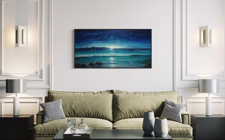 Starry Night Sky Over Ocean Beach Framed Canvas Wall Art