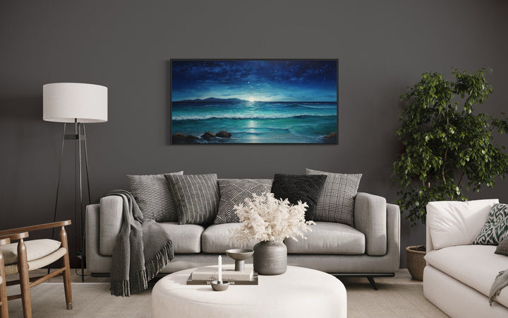 Starry Night Sky Over Ocean Beach Framed Canvas Wall Art