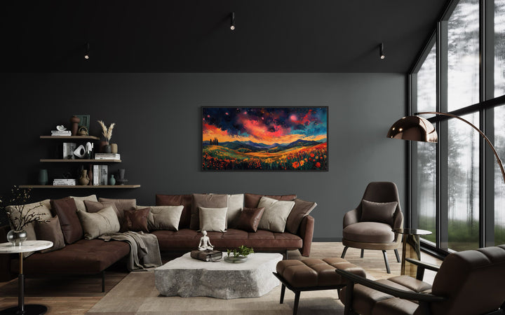 Starry Night Sky Over Wildflower Fields and Mountains Framed Canvas Wall Art