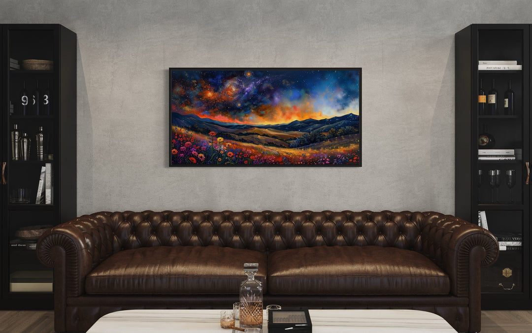 Starry Night Sky Over Wildflower Meadow Framed Canvas Wall Art