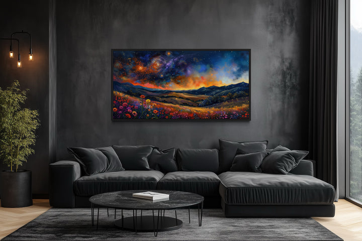 Starry Night Sky Over Wildflower Meadow Framed Canvas Wall Art