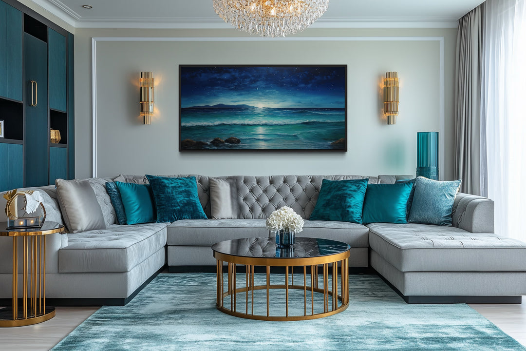 Starry Night Wall Art - Framed Canvas Coastal Ocean Beach Decor for Bedroom