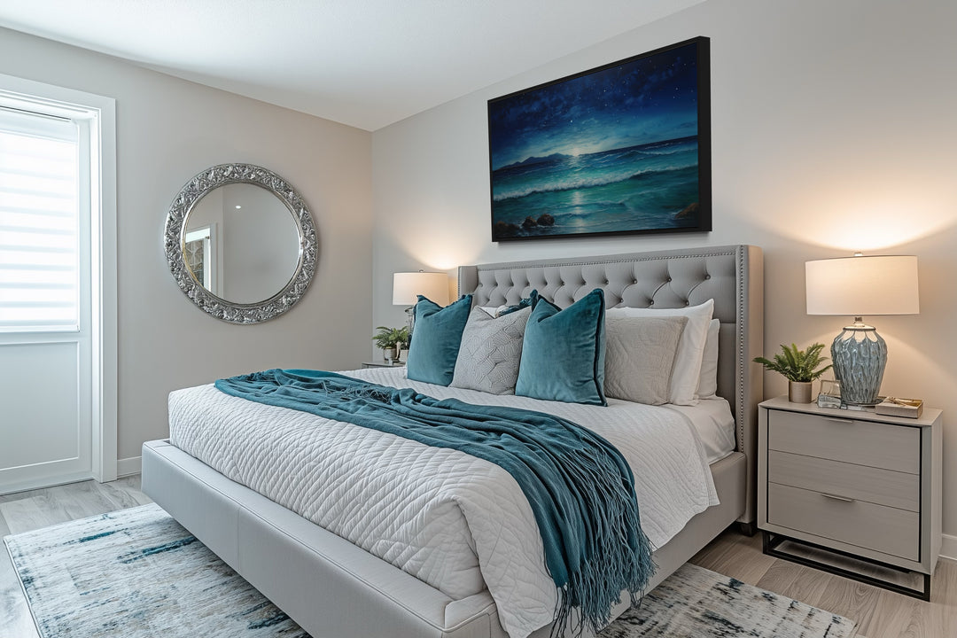 Starry Night Wall Art - Framed Canvas Coastal Ocean Beach Decor for Bedroom