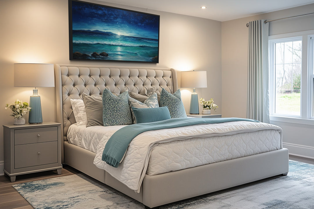 Starry Night Wall Art - Framed Canvas Coastal Ocean Beach Decor for Bedroom