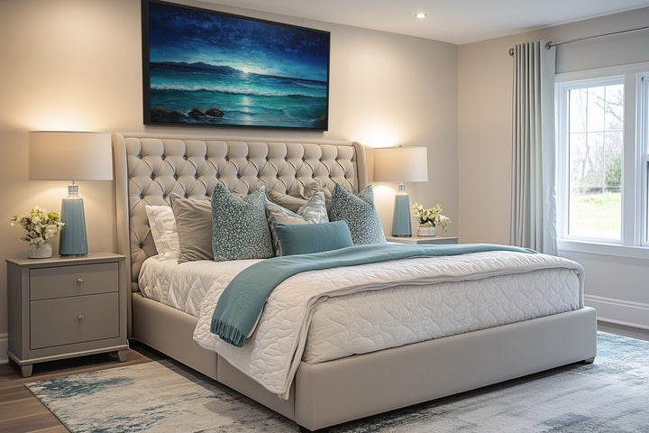 Starry Night Wall Art - Framed Canvas Coastal Ocean Beach Decor for Bedroom