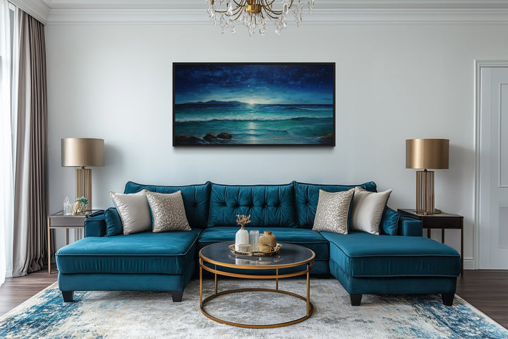 Starry Night Wall Art - Framed Canvas Coastal Ocean Beach Decor for Bedroom