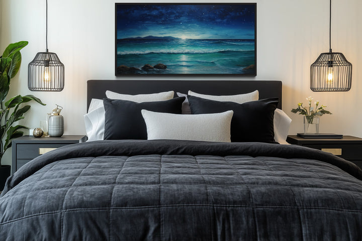 Starry Night Wall Art - Framed Canvas Coastal Ocean Beach Decor for Bedroom