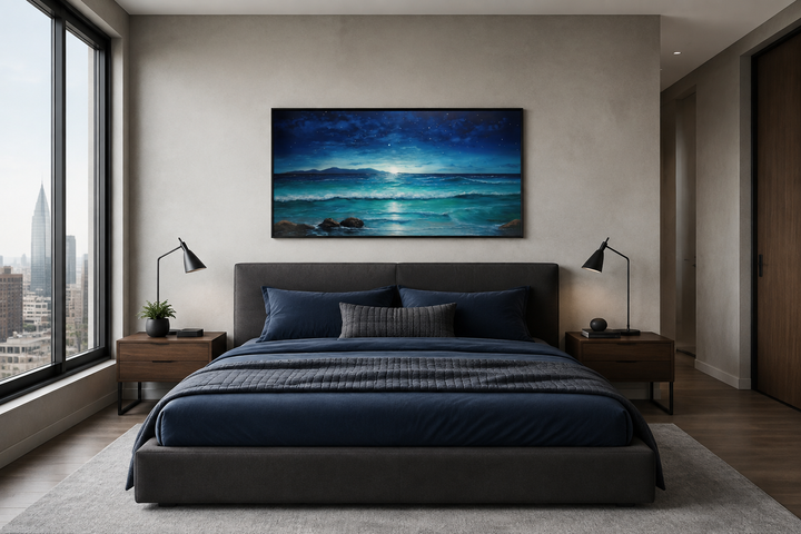 Framed panoramic canvas of a starry night over ocean waves above a dark blue bed in a modern room.