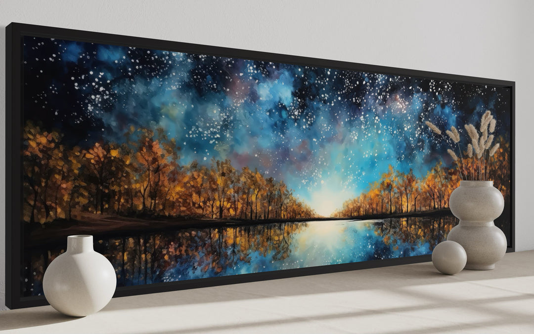 Starry Sky Over Autumn Forest And Lake Painting Framed Canvas Wall Art