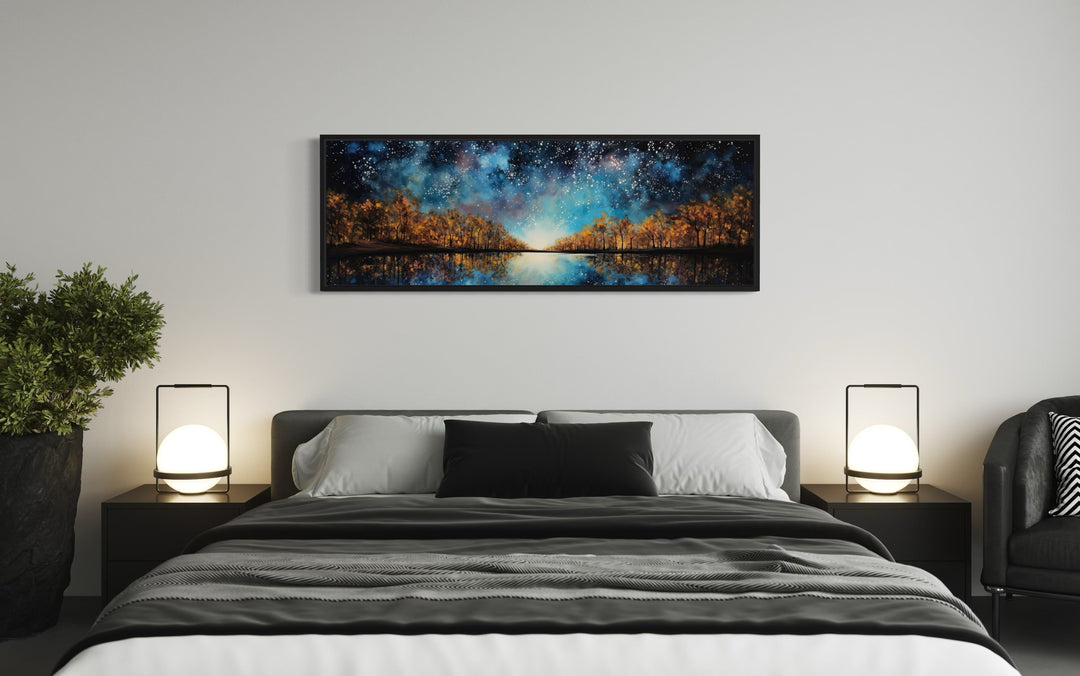 Starry Sky Over Autumn Forest And Lake Painting Framed Canvas Wall Art