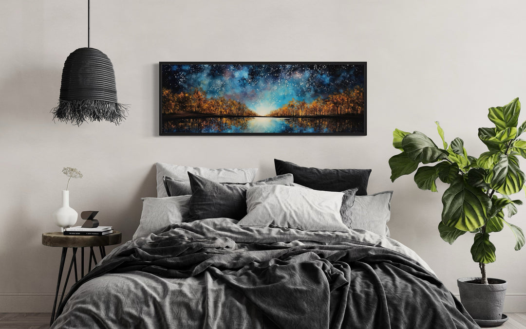 Starry Sky Over Autumn Forest And Lake Painting Framed Canvas Wall Art