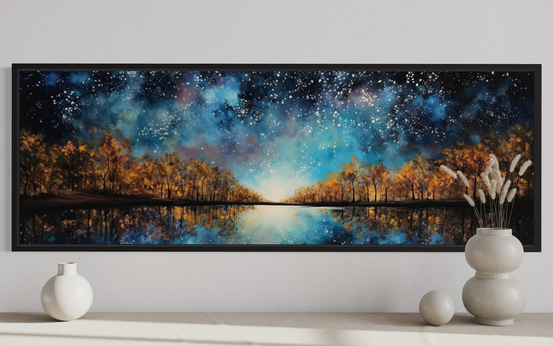 Starry Sky Over Autumn Forest And Lake Painting Framed Canvas Wall Art