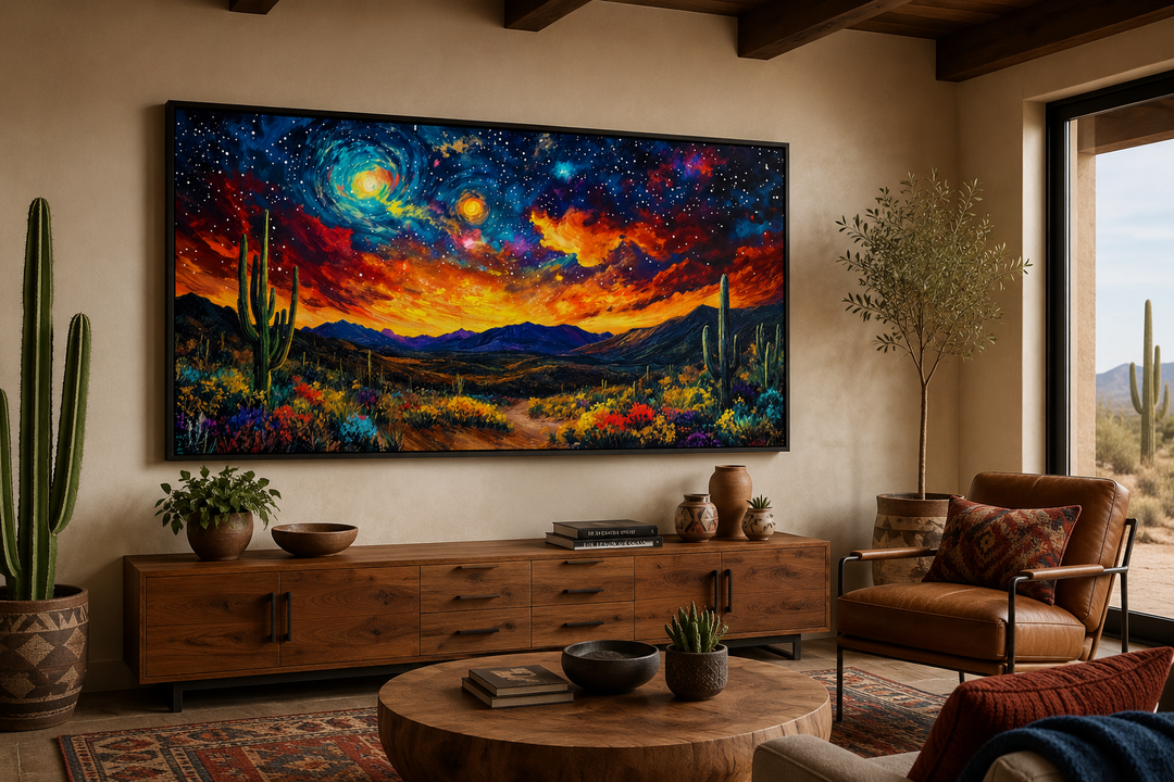 Starry sky over desert framed canvas wall art in a Southwestern style living room.