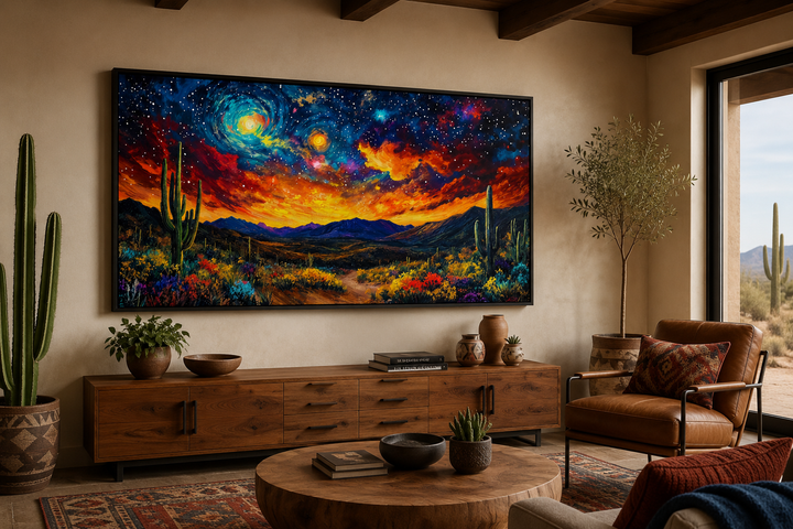 Starry sky over desert framed canvas wall art in a Southwestern style living room.