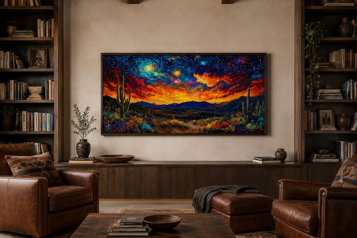 Starry Sky Over Desert Framed Canvas Wall Art in a rustic living room with leather armchairs.
