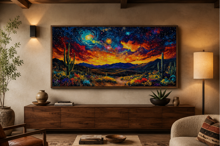 Colorful starry sky over desert framed canvas wall art above a wooden console in a modern room.