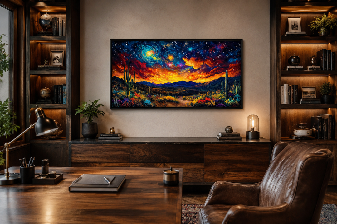 Starry Sky Over Desert Framed Canvas Wall Art in a dark wood office with a leather chair.