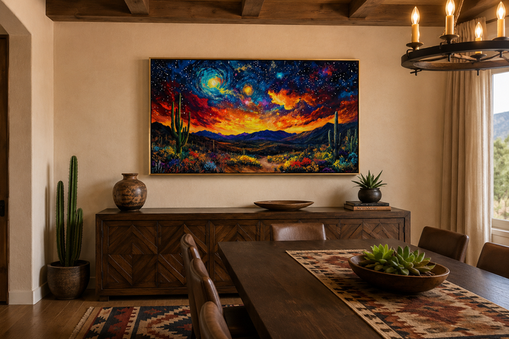 Starry Sky Over Desert Framed Canvas Wall Art in a rustic Southwestern dining room.