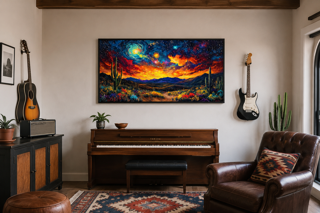 Starry Sky Over Desert Framed Canvas Wall Art hanging above a piano in a Southwestern style room.