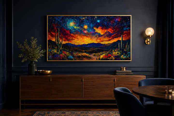 Starry sky over desert framed canvas wall art in a dark, modern living room setting.