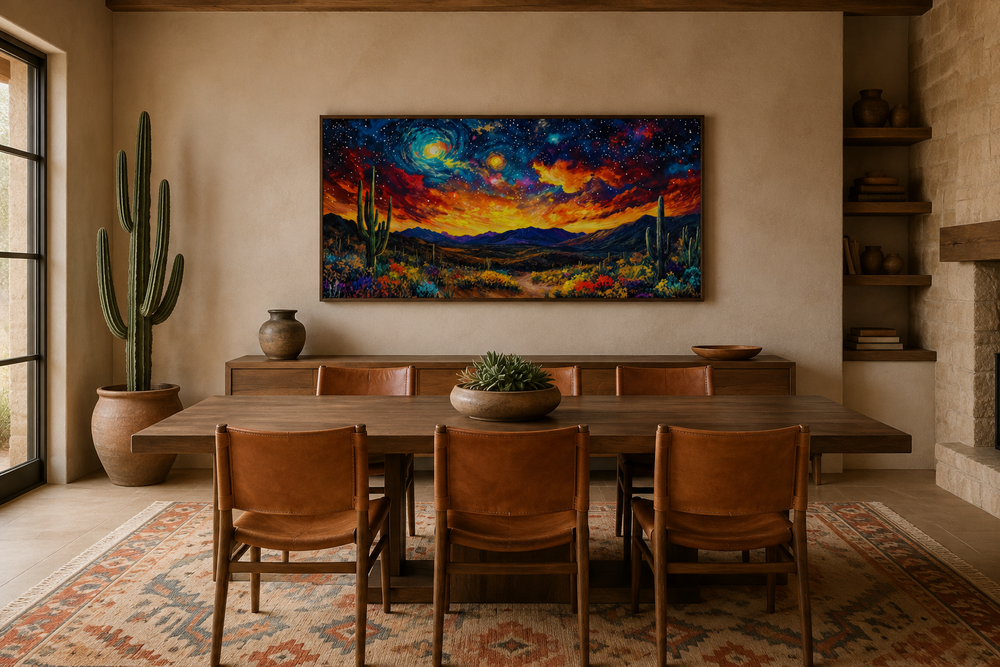 Starry Sky Over Desert Framed Canvas Wall Art in a southwestern-style dining room.